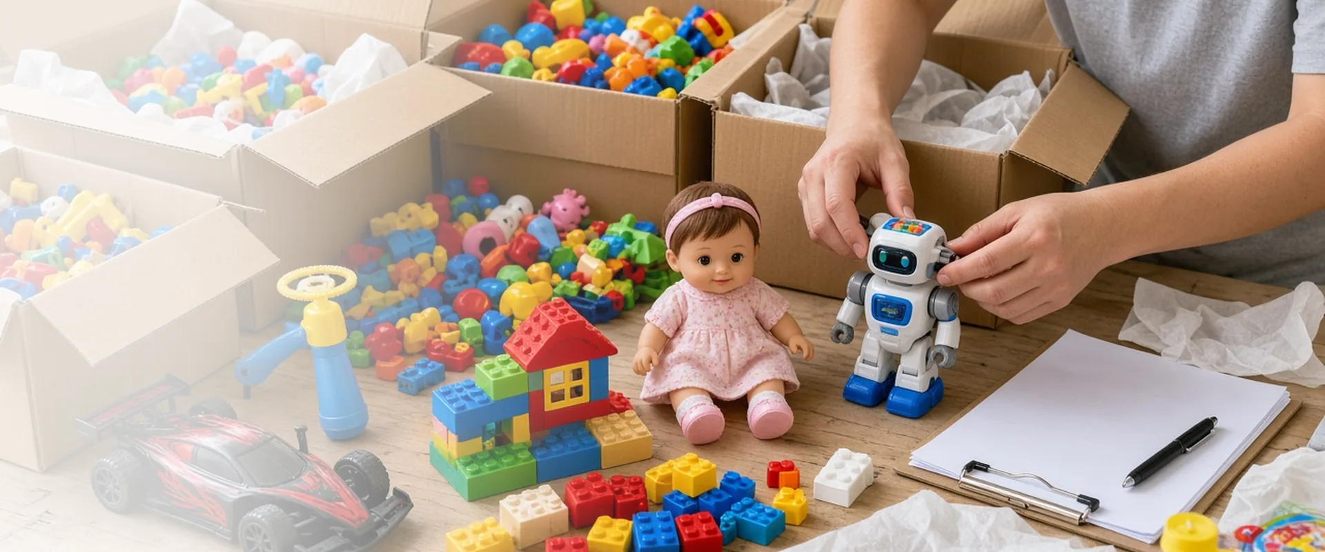 Open cartons of toy samples on a sourcing table