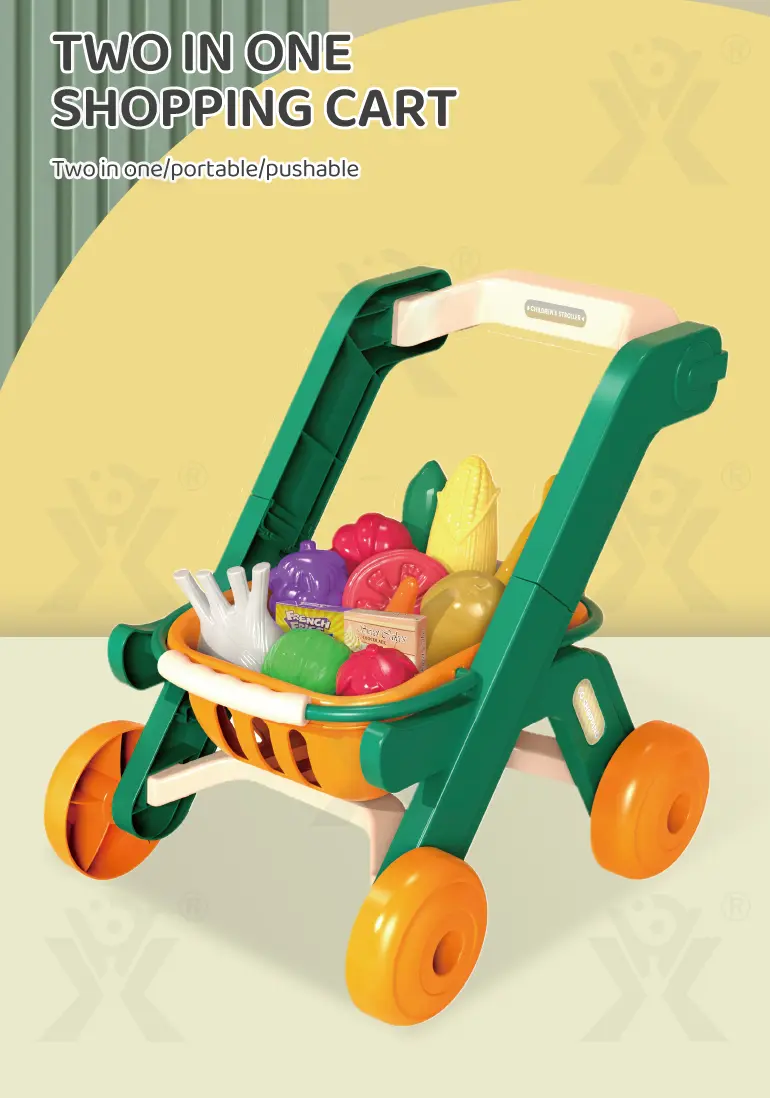 Kids 2-in-1 Shopping Cart Toy with Basket & Play Food Accessories, Role Play, Pretend Play · TV10627 · detail image 1 of 8