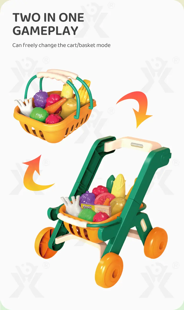 Kids 2-in-1 Shopping Cart Toy with Basket & Play Food Accessories, Role Play, Pretend Play · TV10627 · detail image 2 of 8