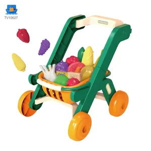 Kids 2-in-1 Shopping Cart Toy with Basket & Play Food Accessories, Role Play, Pretend Play