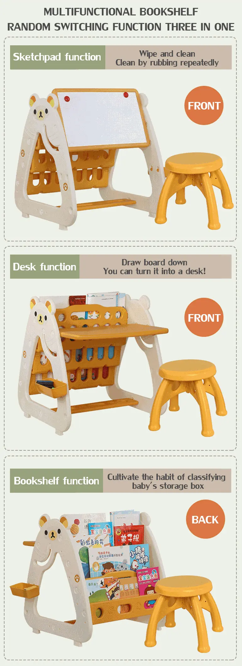 3-in-1 mesa de estudio para niños, escritorio, tablero de dibujo y estantería·TV10568·imagen de detalle 2 de 5