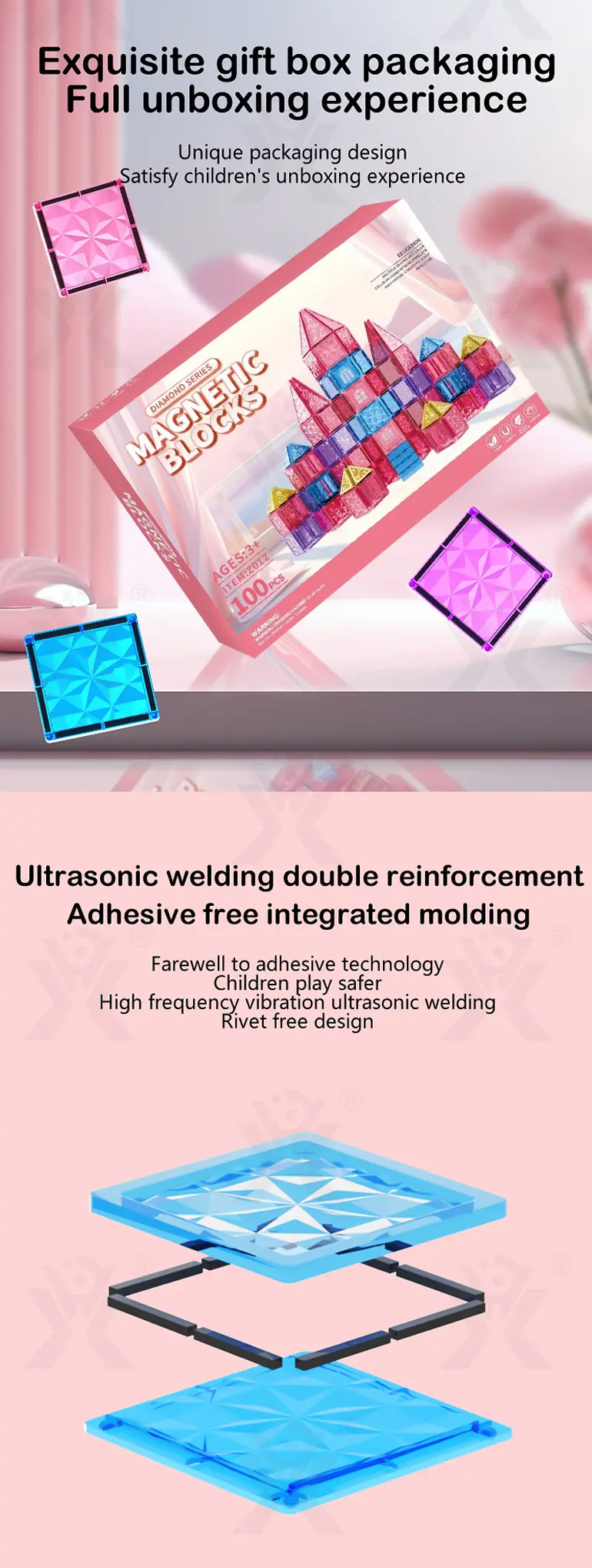 Pink Magnetic Tiles Set 3D Blocks-diy building blocks · TV10480 · detail image 2 of 8