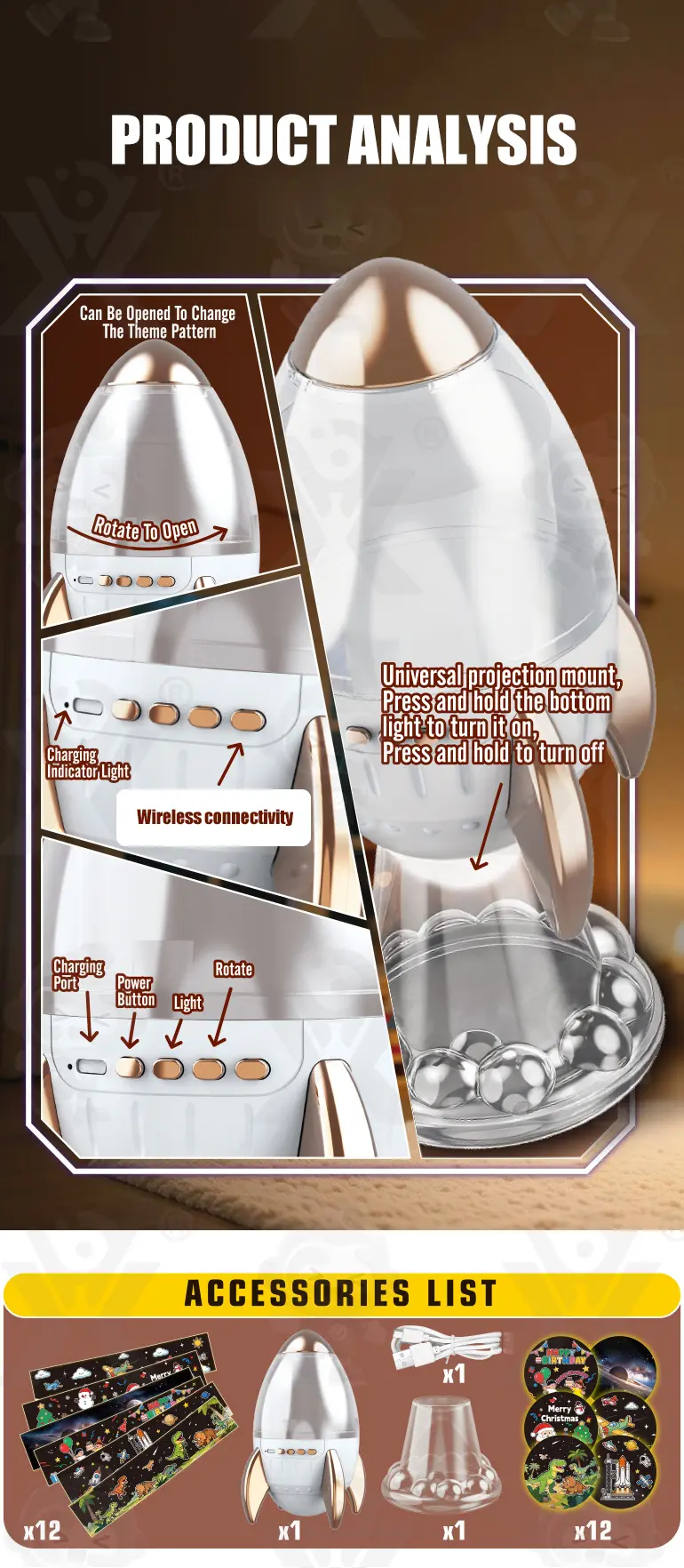 Star Projector Night Light, Space Rocket-Shaped Toy · TV10365 · detail image 4 of 6