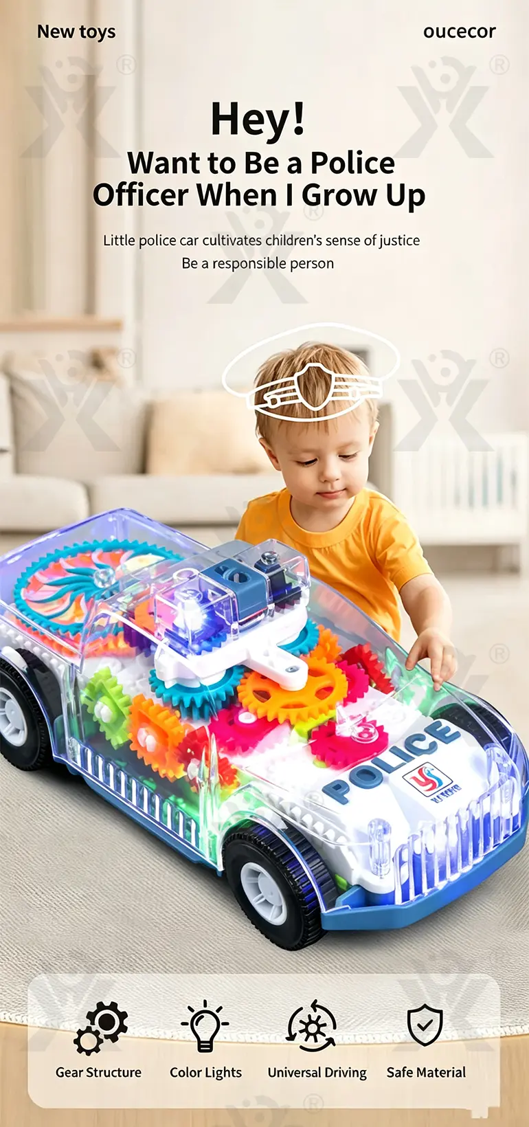 Kids Transparent Electric Police Car Gear Toy with Flashing Lights & Music · TV10139 · detail image 1 of 8