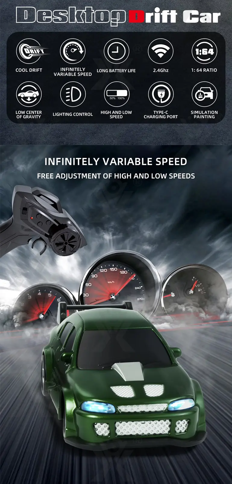 1/64 2.4G 4WD Mini Drift RC Car LED Light, High Speed Racing Remote Control Vehicles Models Desktop Toys · TV10113 · detail image 2 of 6