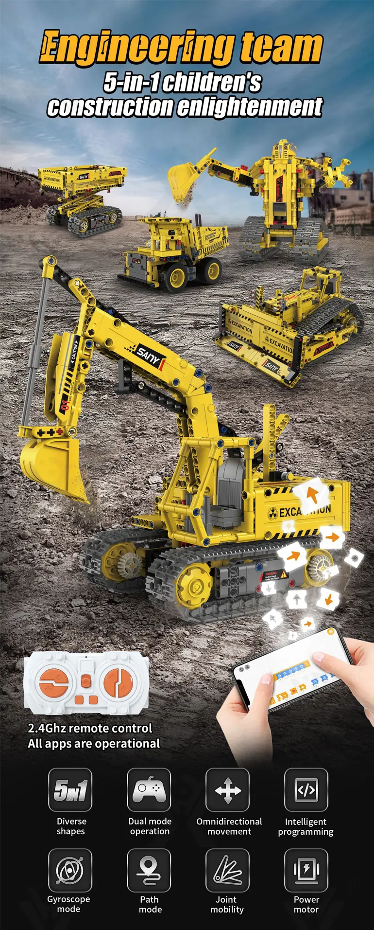 5-in-1 Engineering Building Set With RC & APP, STEM Educational Toy · TV10101 · detail image 1 of 6