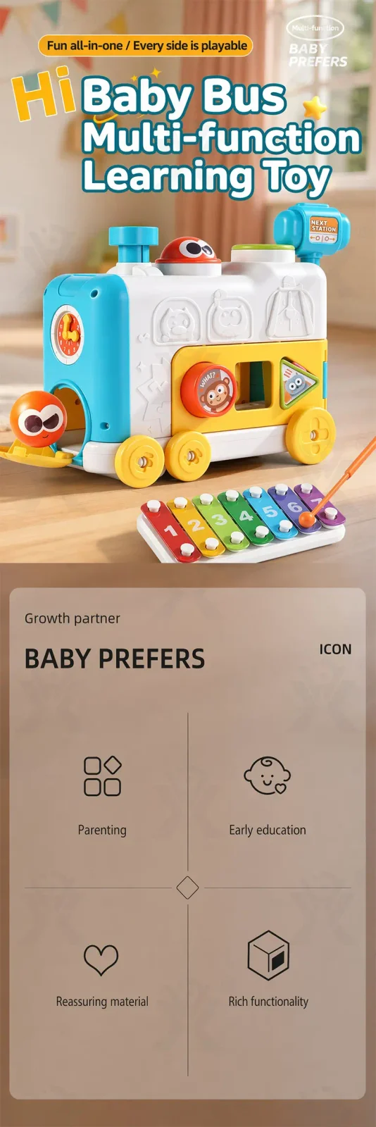 6-in-1 Multi-Function Activity Train Toy, Baby Montessori Sensory · TV10046 · detail image 1 of 10